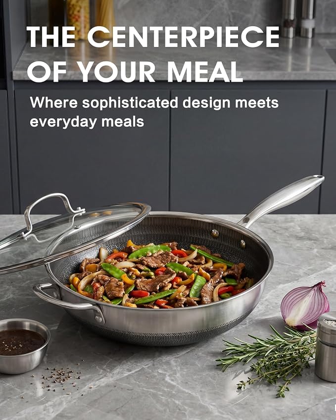 USELUCK Nonstick 12-Inch Wok with Glass Lid,Hybrid Tri-ply Stainless Steel WokCompatible with All Cooktops.