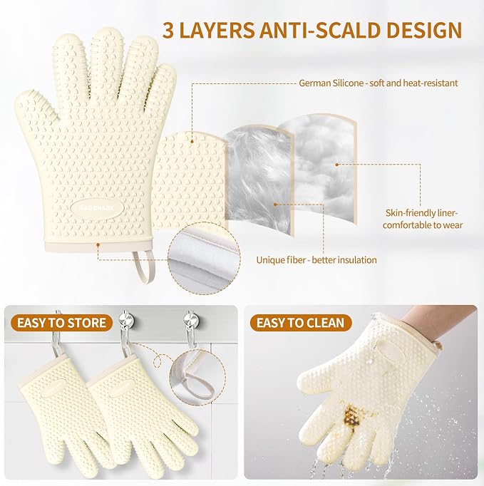 MAD SHARK Silicone Oven Mitts with Fingers Heat Resistant 450°F in Kitchen | Waterproof & Non-Slip Oven Gloves,Cotton Lined Silicone Kitchen Mitts for Baking Cooking Barbecue,Women (White)