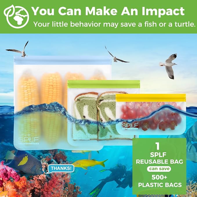 SPLF 9 Pack Reusable Gallon Freezer Bags Dishwasher Safe, Multicolor | BPA Free 1 gallon Leakproof Silicone and Plastic Free Food Storage Bags for Meal Prep, Fruits, Sandwich, Snack, Travel Items