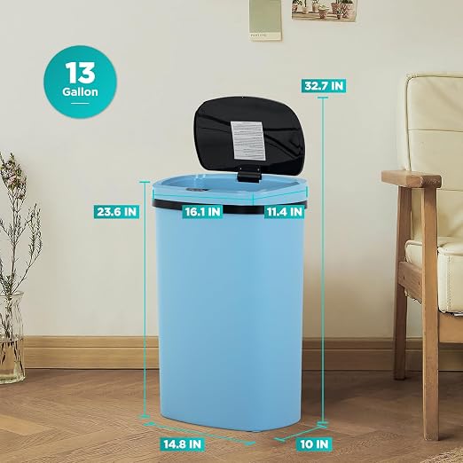 BestOffice | 13 Gallon Plastic Trash Can with Lid | Blue | Automatic Touchless Garbage Can | Odor Control | Modern Oval Design | Easy to Clean | For Kitchen, Bathroom, Office or Home