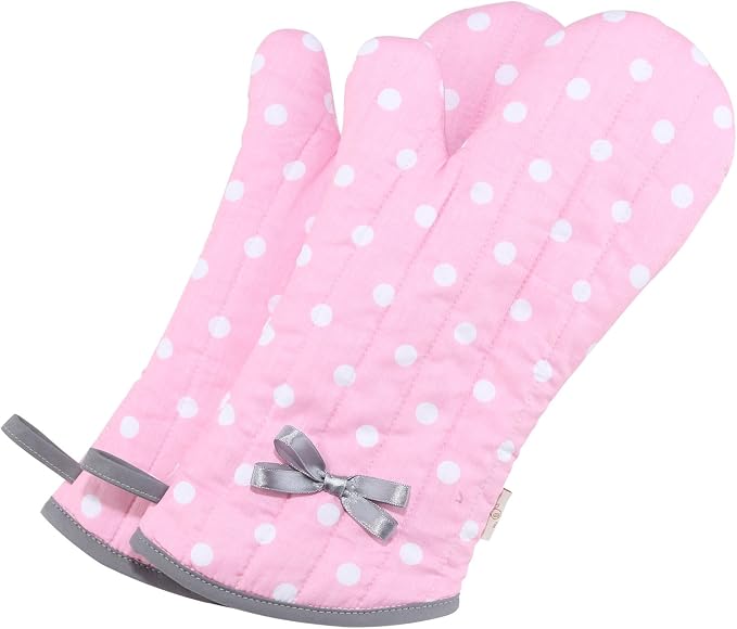 NEOVIVA Kitchen Oven Mitts for Adults,Heat Resistant Cotton Oven Gloves | Set of 2,for Cooking,Baking,Kitchen Gloves for Farmhouse Restaurant,Polka Dots Pink