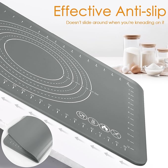 Silicone Pastry Mat 24" x 16" Baking Mat with Measurements and Edge Heightening, Thick Non-slip BPA Free Silicone Pad for Countertop Rolling Kneading Dough, Bread, Cookies,Pizza, Fondant,Dark Gray