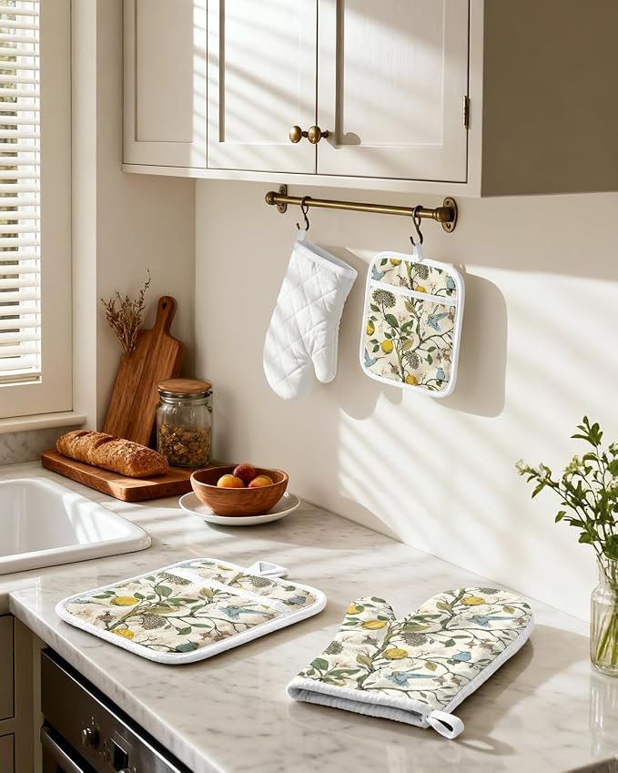 Miss Adola Cotton Oven Mitts and Pot Holders Sets, Lemon Songbird | Heat-resistant up to 350°F, Pure Cotton, Quilted Contact Surface, Stylish Design, with Hanging Loop, Ready to Gift Package