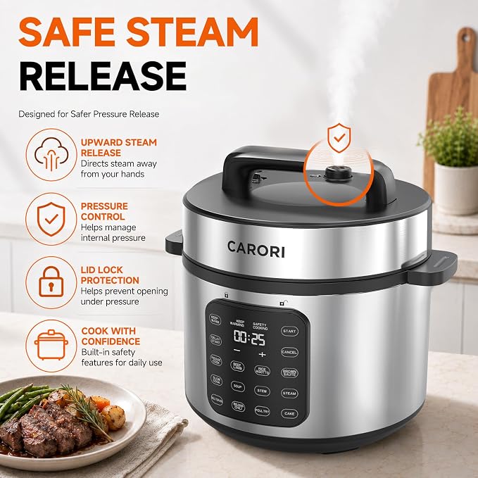 CARORI 8Qt Electric Pressure Cooker, 9-in-1 Multifunction, IMD Touchscreen, Non-Stick Pot. 1200W for Instant Feast. Olla de Presion (Ollas). Safe Venting.Rice,Slow,Steamer, Sauté, Warmer, Silver