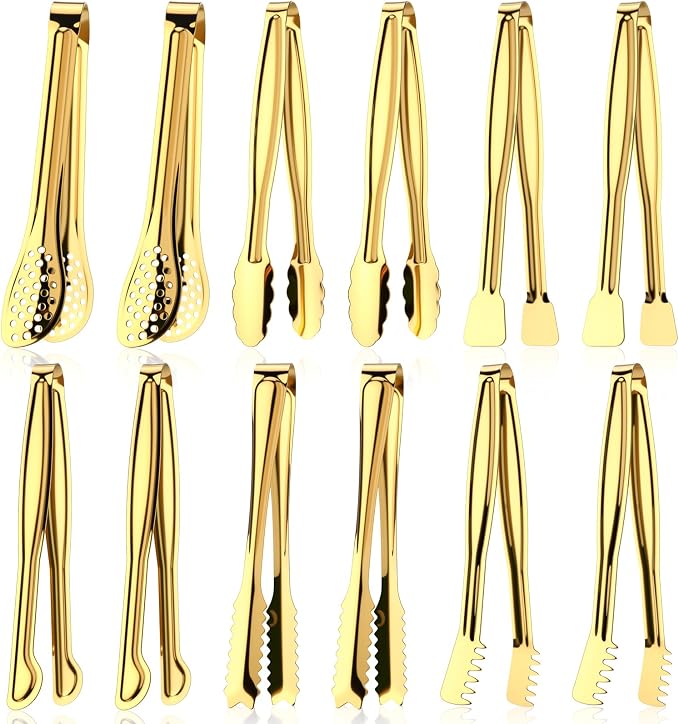 CHENGU 12 Pack Stainless Steel Tongs 6 Inches Food Serving Clip Kitchen Cooking Tongs High Heat Resistant Clips for Non Stick Cooking Grip for Ribs, Steak and Grill Salad