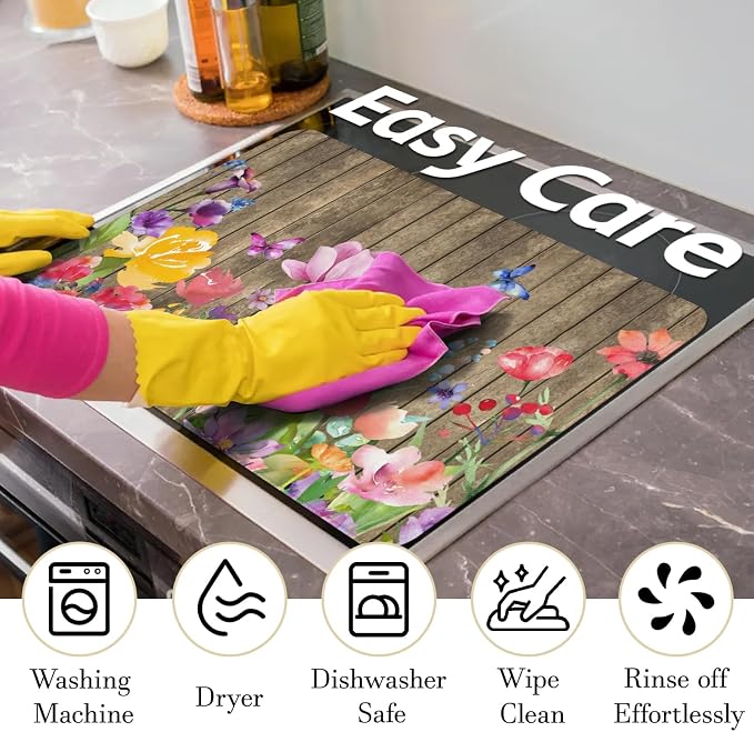 Spring Summer Glass Stove Top Covers for Electric Stove,Colorful Flower Watercolor Floral Farmhouse Heat Resistant Cooktop Protector Non-Slip Washable Dish Drying Mat Rug Pad for Kitchen Decor 28"x20"