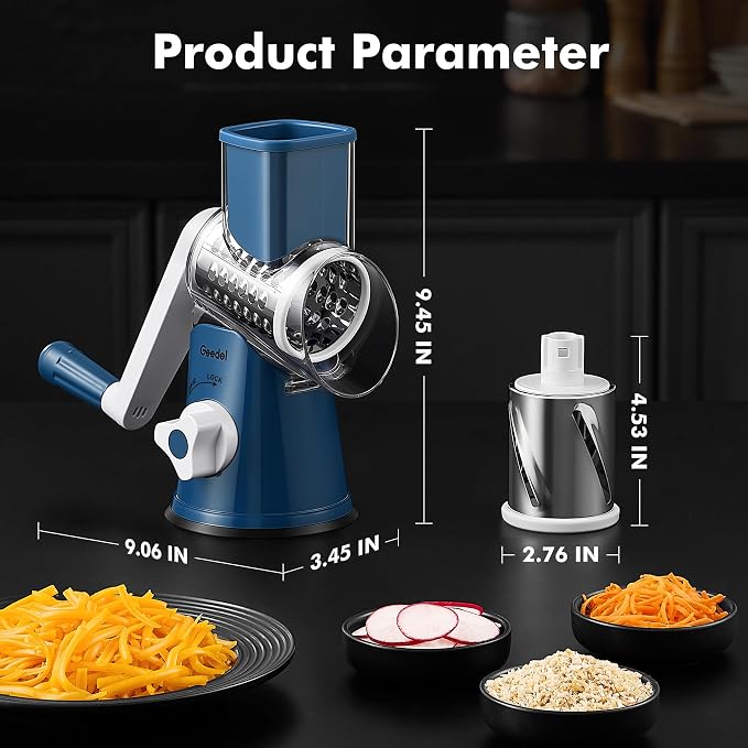 Geedel Rotary Cheese Grater Hand Crank, Cheese Shredder Vegetable Slicer | 3 Blades, 430 Stainless Steel, 12x Fast Cutting, Strong Suction Base, No BPA, Dishwasher Safe, for Cheese, Veggie, Nut