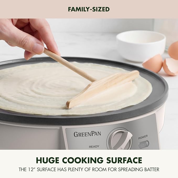 GreenPan Advanced 12" Crepe Maker, Healthy Ceramic Nonstick PFAS-Free Coating, Adjustable Temperature Control, 400°F Heating, Batter Spreader & Crepe Turner Included, Clay