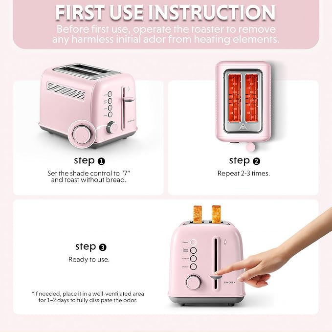 BUYDEEM DT620 2-Slice Toaster, 7 Shade Settings, Extra Wide 1.5'' Slots for Bagel & English Muffin, 6 Toasting Functions, Retro Stainless Steel Toaster with High Lift Lever, Pink