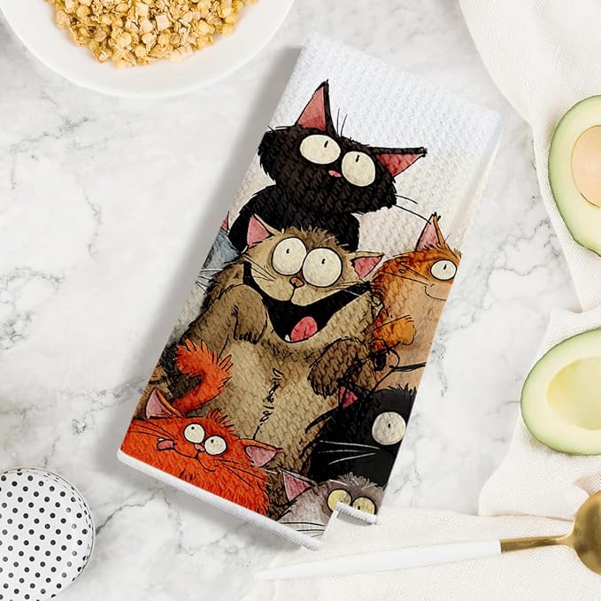 4 Pcs Cute Cat Kitchen Towels, Funny Cats Gifts Absorbent Hand Towels-02 | Cat Dish Cloths for Drying Dishes, Cats Waffle Dish Towels for Kitchen Home Bathroom Decor, Cat Lover Gifts for Women Mom