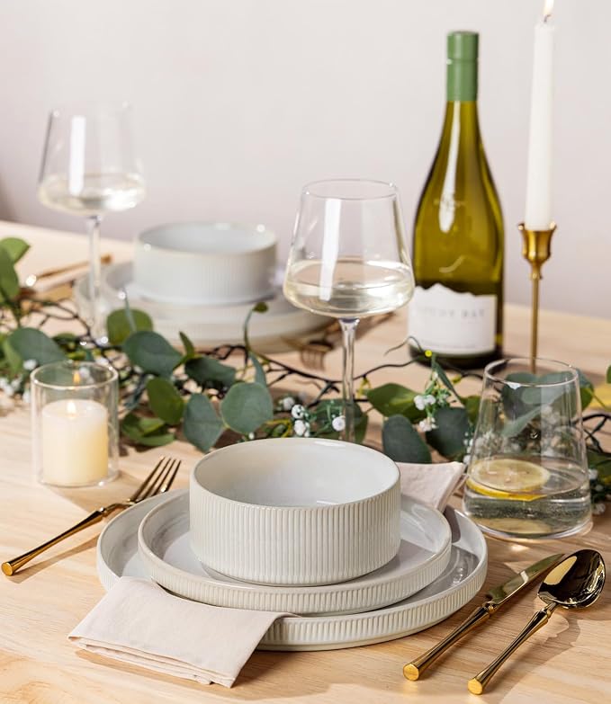 Ceramic Dinnerware Set for 4, 12-Piece Plates and Bowls Set | Lightweight Porcelain Dish Set, Scratch Resistant, Oven & Microwave & Dishwasher Safe, Reactive White