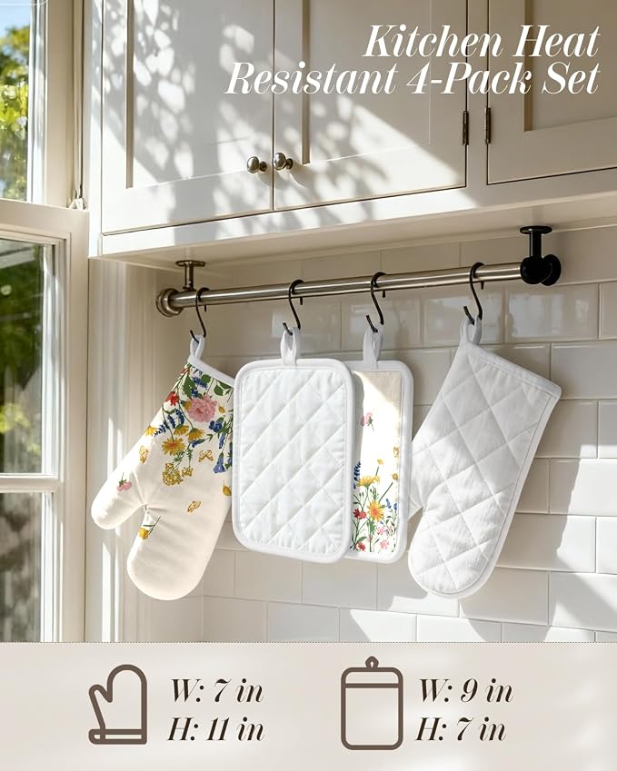 Miss Adola Cotton Oven Mitts and Pot Holders Sets, Meadow Bliss | Heat-resistant up to 350°F, Pure Cotton, Quilted Contact Surface, Stylish Design, with Hanging Loop, Ready to Gift Package