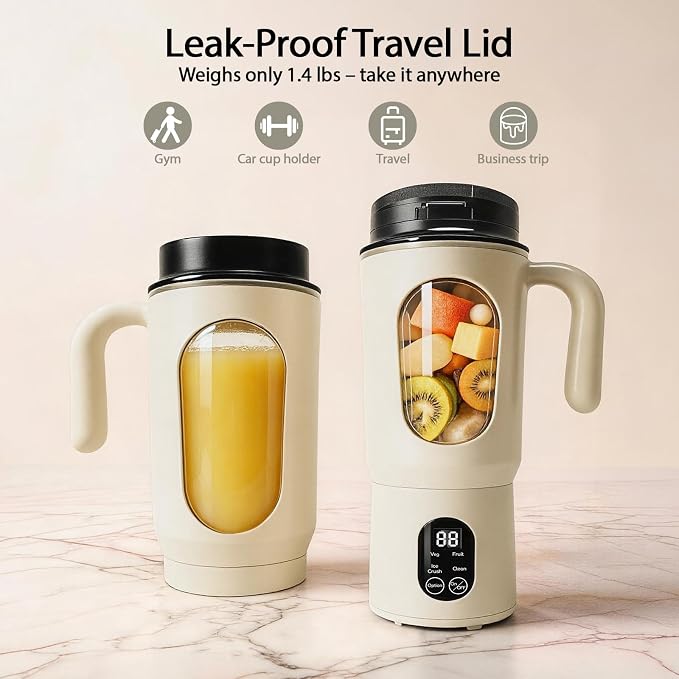 Personal Blender for Smoothies, 580ML USB-C Rechargeable | Portable Blender Cup, 12-Blade Smoothie Maker with Travel Lid, Handle & LED Display for Gym, Office, Travel and Outdoor