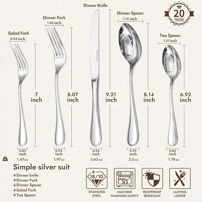 18/10 Stainless Steel Silverware Set for 4, 20 Piece Teardrop Flatware Set | KINGSTONE Heavy Cutlery Set, Mirror Polished Knives Forks and Spoons Utensils, Dishwasher Safe for Home Kitchen Wedding