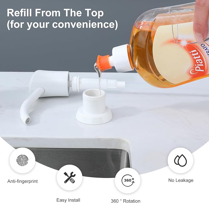 Dish Soap Dispenser for Kitchen Sink, 17 oz Bottle, White | Refills From The Top, No-Leak ABS Pump, DIY Installation, 360° Swivel, Fits 1–1.5 in Sink Holes; for Dish Soap or Lotion