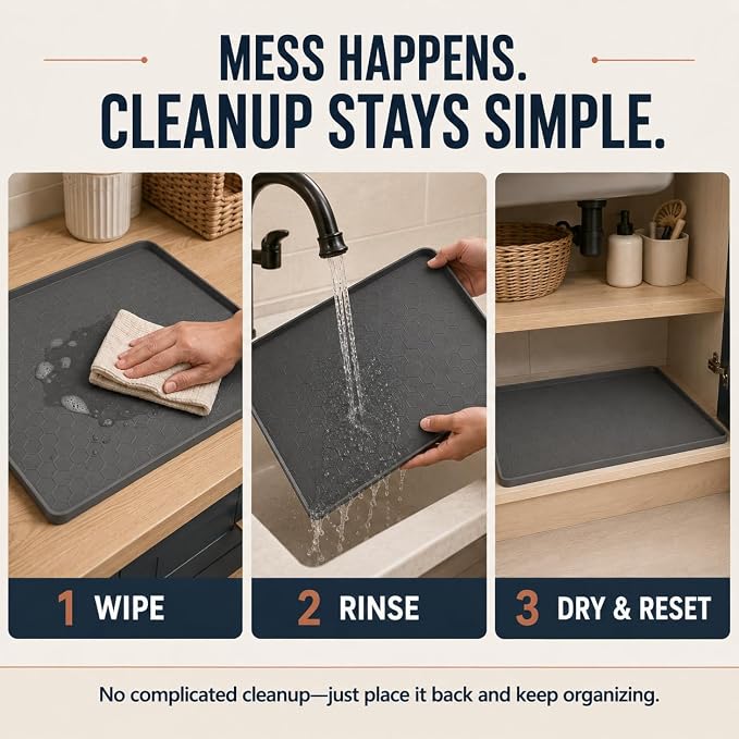 28"x19" Silicone Under Sink Mat for Bathroom/Kitchen Cabinet Organizer Mat | Leak-Proof Waterproof Liner Pad & Anti-Spill Tray | 0.7in Edge Barrier, 3.5Gal Capacity