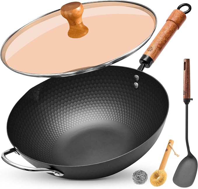 WANGYUANJI Flat Bottom Wok Pan, 12.6 Inch Carbon Steel Stir Fry Pan with Lid, Uncoated Heavy Duty Iron Woks for Cooking, Compatible with Induction Gas Electric Stovetops, Deep Frying Skillet Cookware