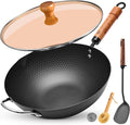 WANGYUANJI Flat Bottom Wok Pan, 12.6 Inch Carbon Steel Stir Fry Pan with Lid, Uncoated Heavy Duty Iron Woks for Cooking, Compatible with Induction Gas Electric Stovetops, Deep Frying Skillet Cookware