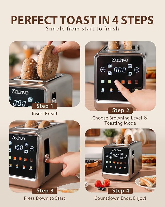 2 Slice Touchscreen Toaster with Digital Countdown & Bagel Mode | 1.5" Wide Slots, Single-Side Toasting, Bread, Waffle & Muffin Presets, Memory, 6 Shade Settings, Defrost & Reheat