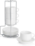 Sweese 2.5 Ounce Porcelain Stackable Espresso Cups with Saucers and Metal Stand Set of 4, White