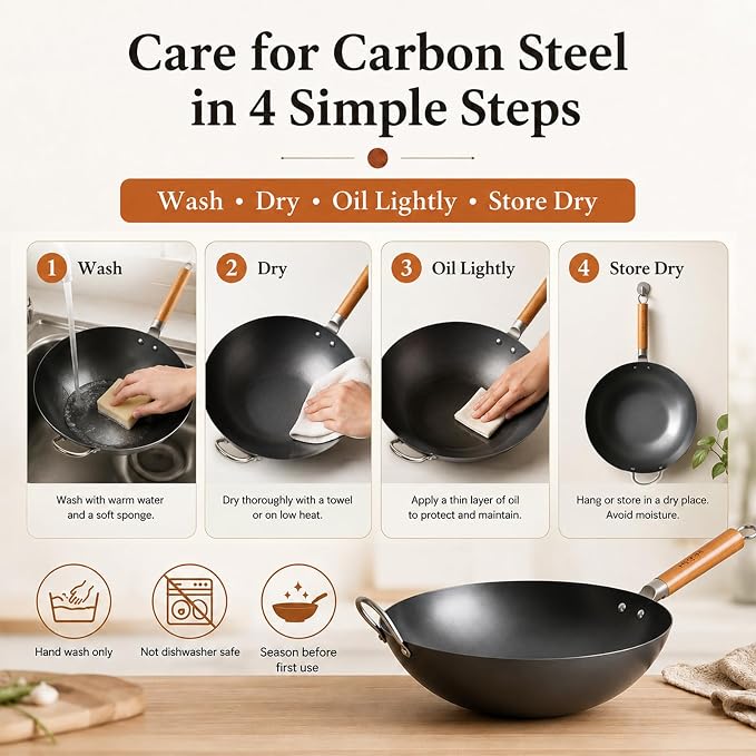 WANGYUANJI 14.2" Carbon Steel Wok with Lid, Flat Bottom Chinese wok | No Chemical Coating Large Nitriding Stir Fry Pan, Rust Resistant Iron Skillet for Induction Electric Gas Stoves, Big Capacity
