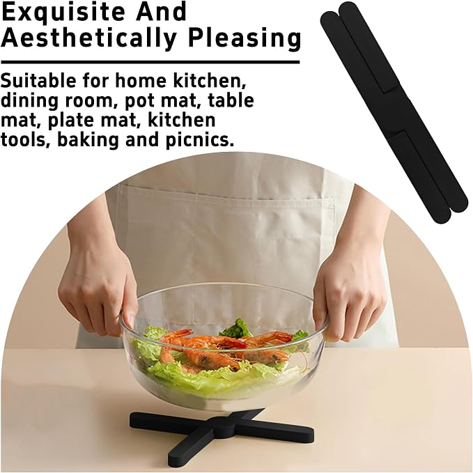 3PCS Foldable Silicone Trivet Set, Expandable Hot Pads for Kitchen, Heat Resistant Pot Holders, Non-Slip Table Protector Mat for Hot Dishes, Pots(Black)