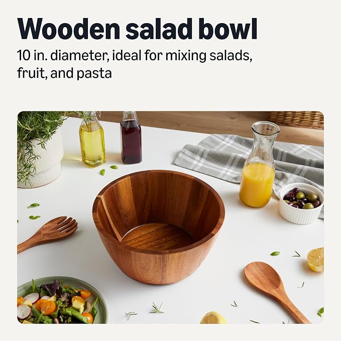 Amazon Basics Wooden Salad Bowl, Acacia Wood, 10 in., Family Size Serving Bowl for Gatherings and Everyday Meals