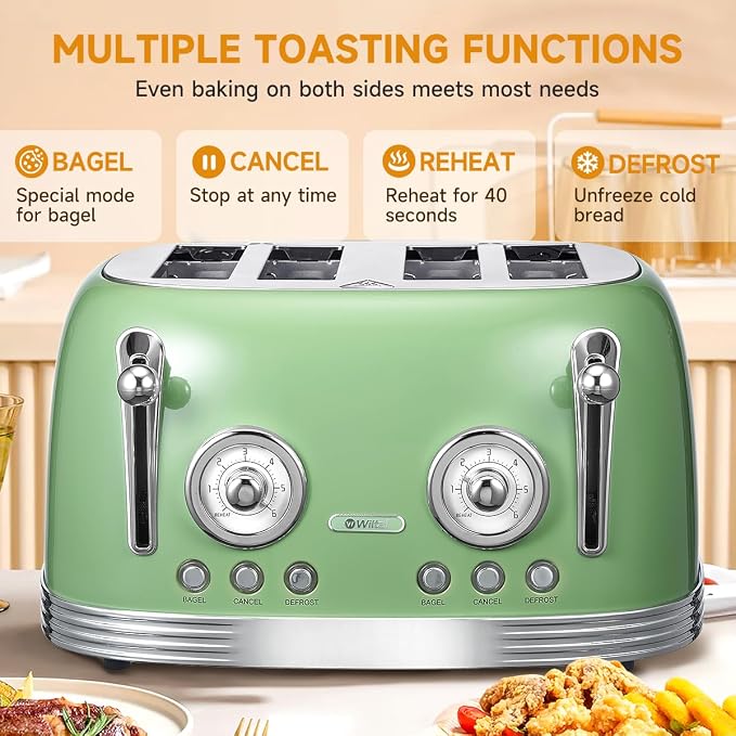 Wiltal 4 Slice Toaster, Retro Green Toaster, Bagel, With Stainless Steel Lid. Reheat, Defrost and Cancel Functions, Countdown Function, 6 Browning Levels, Stainless Steel Material, TR03