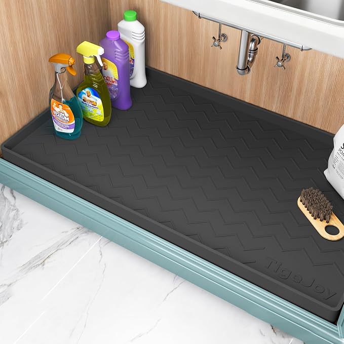 TigeJoy Under Sink Mats for Kitchen Waterproof 28" x 19", Cabinet Liner | Leak-Proof Silicone Mat Sink Protector, Kitchen Essentials Organizer and Storage,Boot or Shoe Tray, Pet Feeding Mat