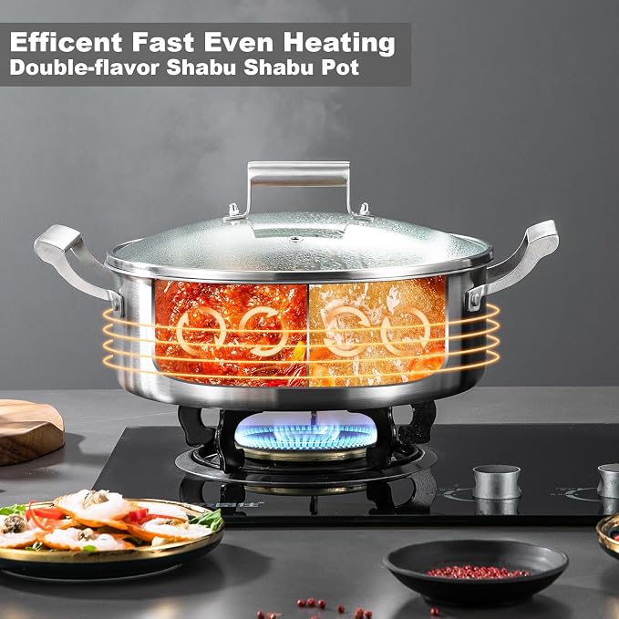 Delarlo 6.8QT Tri-Ply Stainless Steel Double-flavor Shabu Shabu Pot 12 inch Everyday Pan with Lid, Kitchen Induction,Cooking Hot Pot, Oven Safe Stock Pot, Up to 600℉