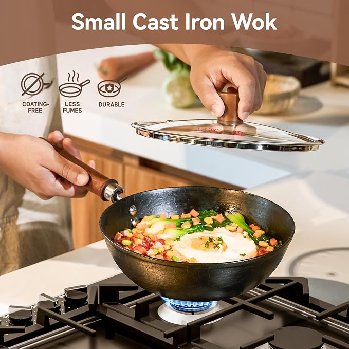WANGYUANJI 9.5 Inch Small Cast Iron Wok with Lid - Handcrafted Tortoise Shell Texture Uncoated Stir Fry Pan, Flat Bottom Wok for Electric, Induction & Gas Stoves, 2.5 Quart (Requires Seasoning)