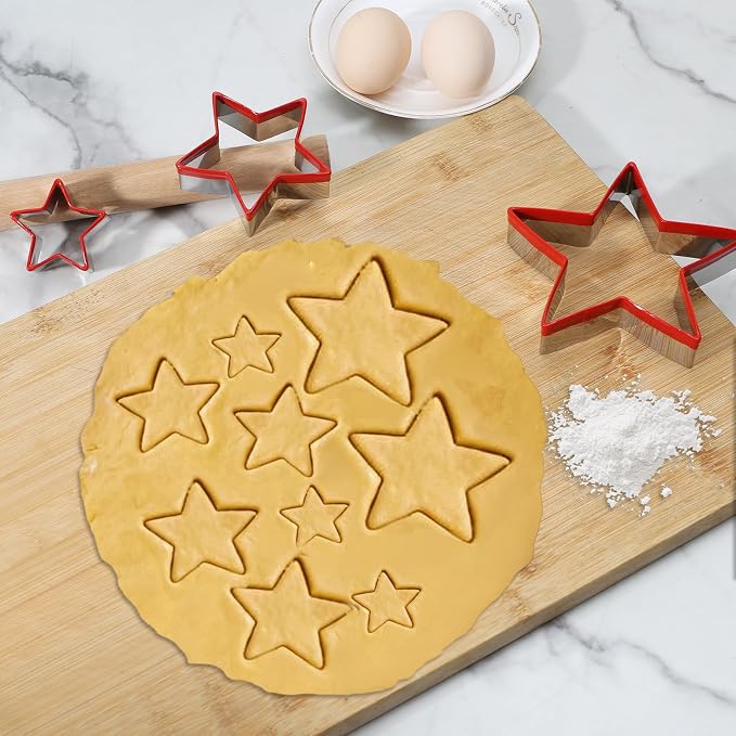 Star Cookie Cutters 3PCS, Stainless Steel Christmas Star Cookie Cutter Tools with Red Environmental PVC, Star Shape Moulds Set for Baking