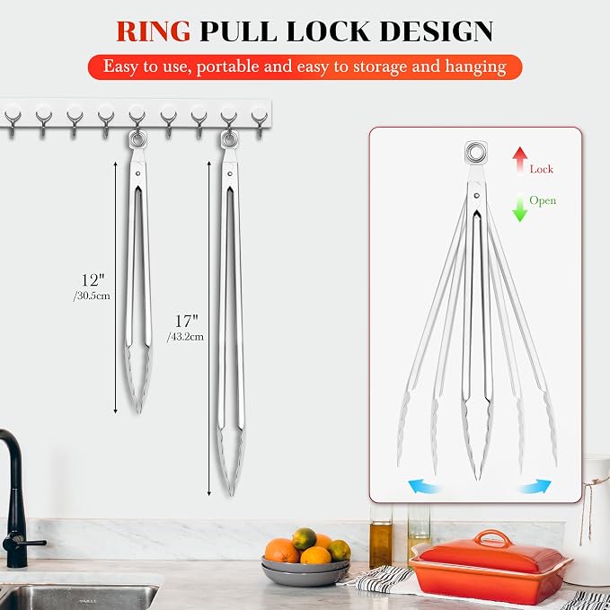 12" & 17 Inch Extra Long Metal Tongs, Grilling Tongs, Stainless Steel Tongs | Heat Resistant Heavy Duty Grill Tongs BBQ Tongs for Cooking, Grilling, BBQ/Barbecue, Food (All Metal - 12"+17")