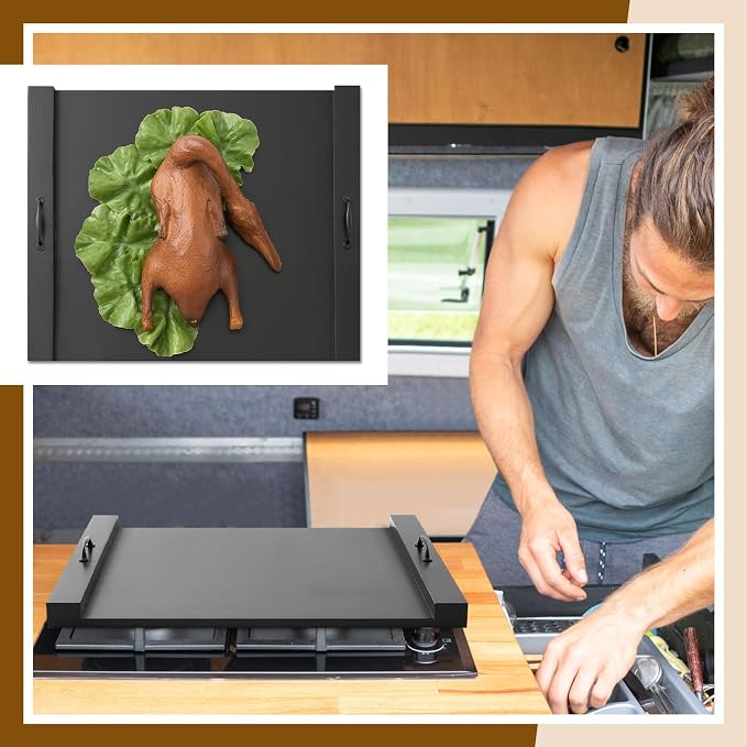 Rv Stove Top Cover Board Wood Noodle Board Camper Stove Top Cover Countertop Cutting with 5 Pcs Adjustable Non-slip Rubber Feet Leg Juice Groove for Trailer Gas Burner Kitchen(Black)