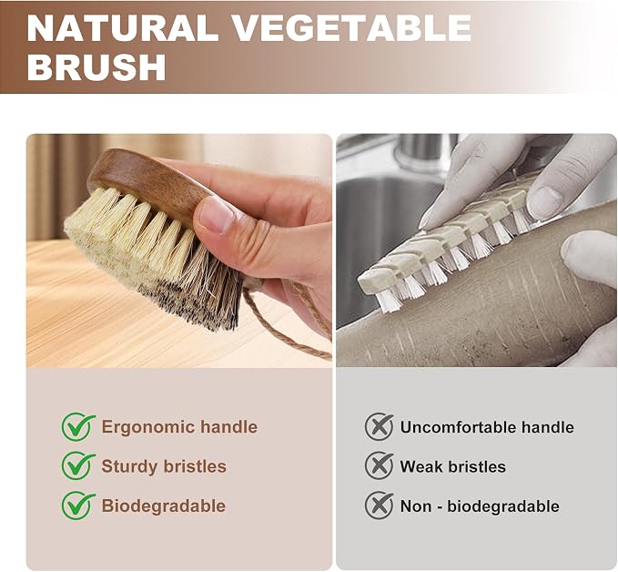 DEBETOOL 2-Pack Dual Bristle Wooden Vegetable Brush Scrubber for Food | Natural Produce & Potato Scrubber with Hanging Rope for Root Veggies, Carrots & Fruits