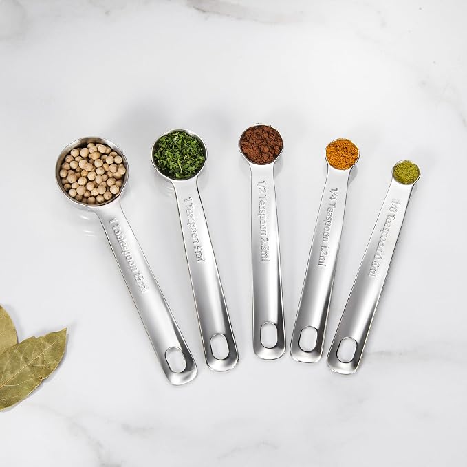Premium 18/10 Measuring Spoons Set (Silver, 5PC Measuring Spoons) | 18/10 Stainless Steel; 1/8 Tsp to 1 Tbsp; Extrat-Long Handles; Stackable; Dishwasher Safe for Baking and Cooking.