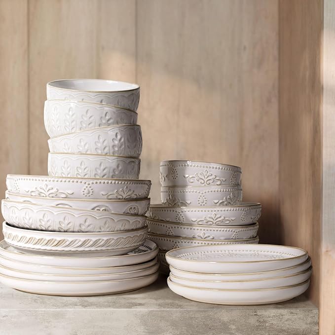 Pasta Bowls, 50oz Large Salad Serving Bowls, 9.75'' Plates Bowls Set of 4, Big White Ceramic Soup Bowls for Kitchen, Embossment Shallow Dinner Bowl, Microwave Dishwasher Safe, Wheat Leaf