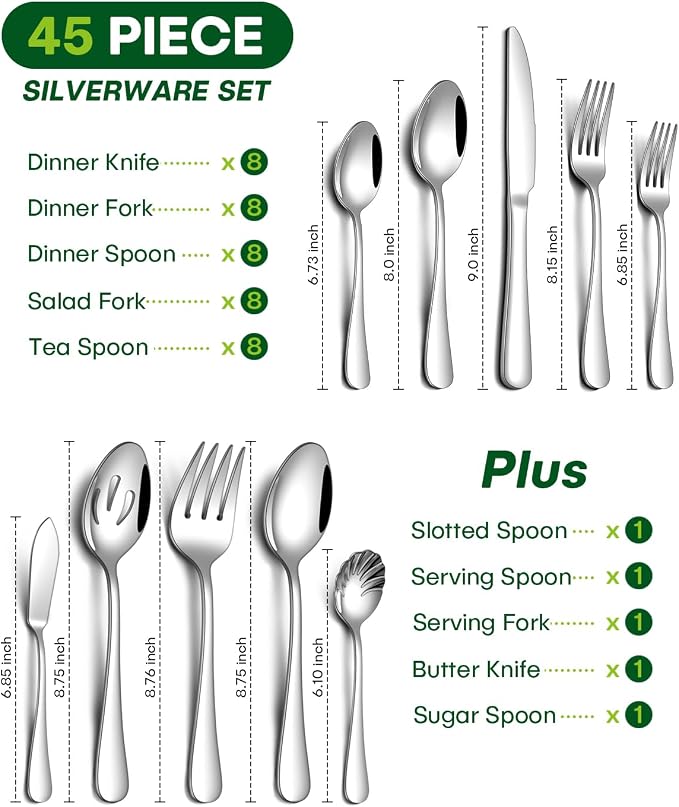 PHILIPALA 45 Piece Silverware Set with Serving Utensils, Stainless Steel Flatware Set for 8 Food Grade Novelty Flatware Cutlery Utensil Set Include Knife Fork Spoon Mirror Polished Dishwasher Safe