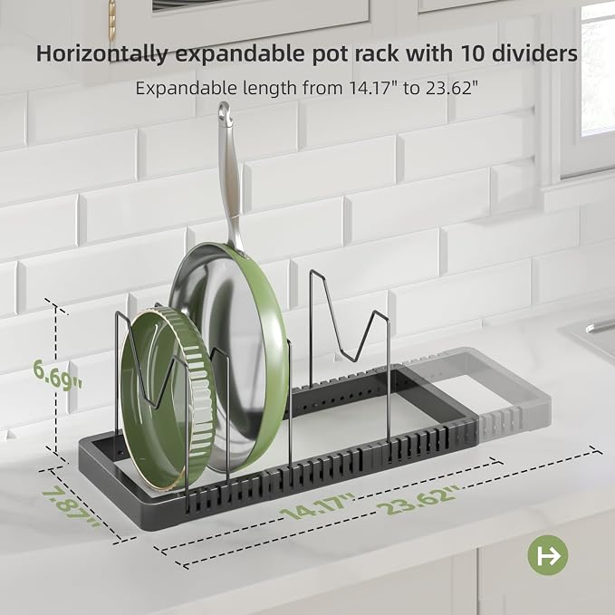 Pots and Pans Organizer under Cabinet, Expandable Pot Lid Organizer Holder with 14 Adjustable Compartment, Pan Organizers inside Cabinet for Lids, Bakeware, Kitchen Storage Pot Rack, Black
