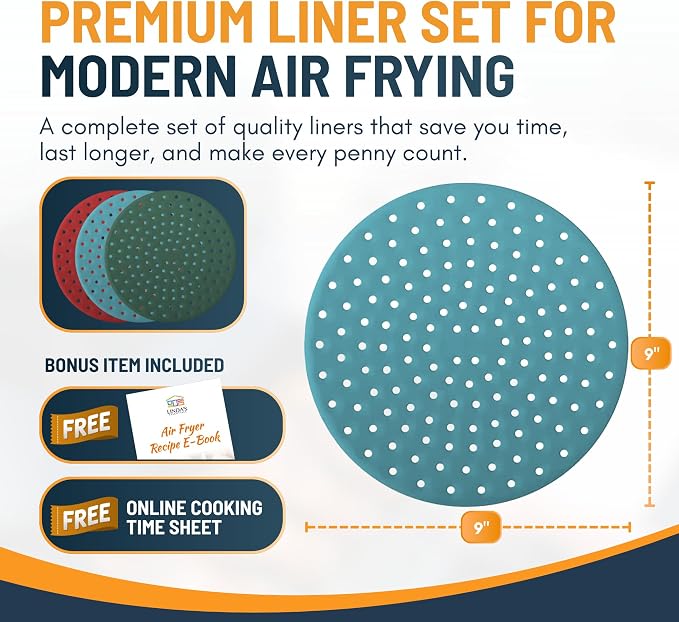Reusable Round Silicone Air Fryer Liners (9 Inch, 3 Pack) by Linda’s Essentials - Non-Stick, Easy-Clean Accessories with Cheat Sheet & Recipe Book, Perfect for Quick Meals
