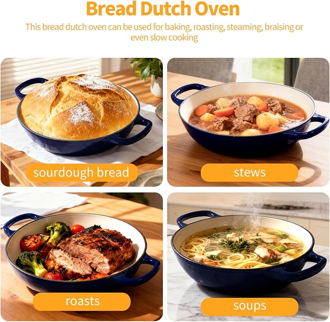 6QT Enameled Cast Iron Dutch Oven For Sourdough Bread Baking | Dutch Oven Pot With Lid,Non-stick Sourdough Baking Pan with Bread Dome,Round Ceramic Dutch Oven Pot for Homemade