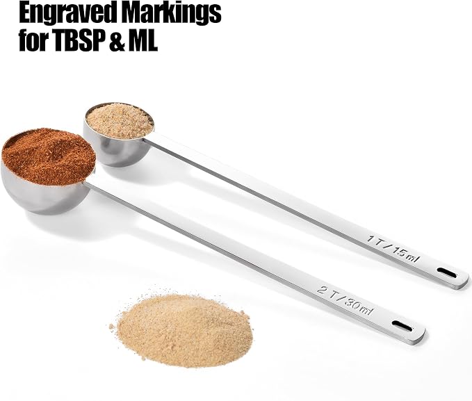 Doosu Metal 6.9in Long Handle Coffee Scoop for Ground Coffee (1 & 2 Tbsp) | Food-Grade 18/8 Stainless Steel Measuring Spoon, Tablespoon Scooper for Coffee Beans, Espresso, Protein Powders, Tea, Sugar