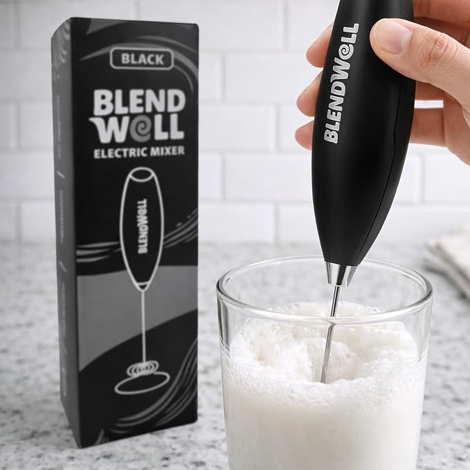 BlendWell Electric Milk Frother for Matcha and Coffee, Handheld Battery Operated Drink Mixer with Stand, Stainless Steel Whisk, Black