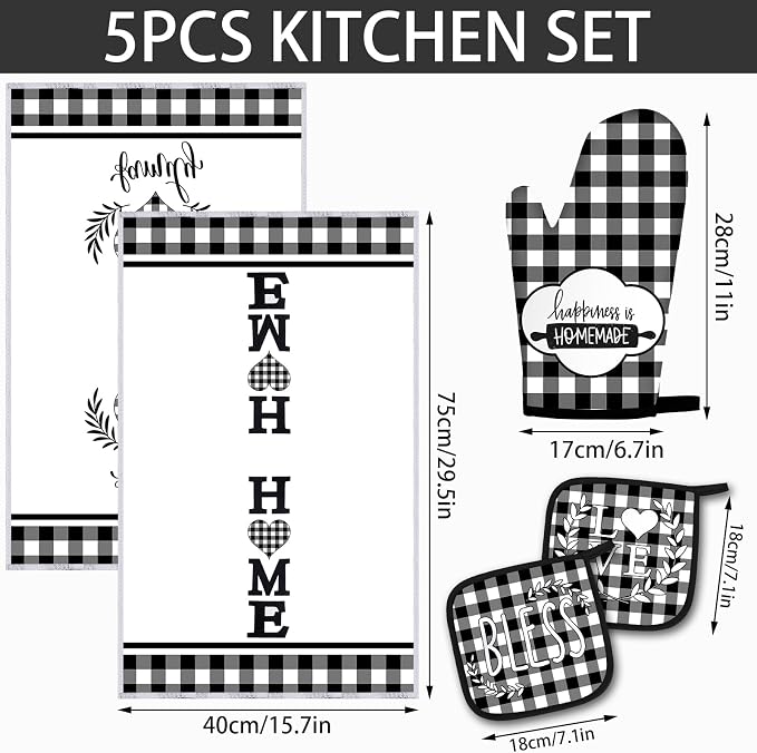 5 Pcs Buffalo Plaid Kitchen Towels Oven Mitts and Pot Holder Set,Heart | Heart Checkered Kitchen Decor, Black and White Kitchen Towels Oven Gloves, Heart Farm House Accessories Decor, High Quality