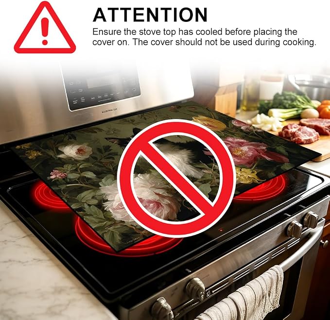 Tuxedo Cat Floral Stove Top Cover 28.35x20.47 in Non Slip | Heat Resistant Cooktop Protector Mat with Non-Slip Backing, Scratch Protection and Countertop Drying Mat.