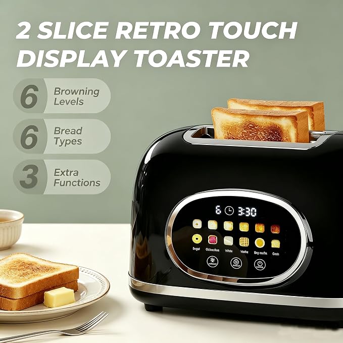 Roter Mond Smart 2 Slice Toaster, Touchscreen, Bagel Defrost, Retro Black | Retro stainless steel, digital timer & sleep mode, 6 bread types & shades, defrost/reheat/cancel,even toasting wide slots