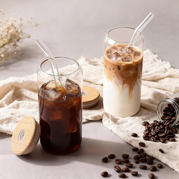 Iced Coffee Cups with Lids 2 pcs: 20 oz Glass Cups with Lids and Straws as Coffee Bar Accessories - Beer Drinking Glasses - Reusable Glass Tumbler,Cute Coffee Cups for Coffee,Juice,Gifts