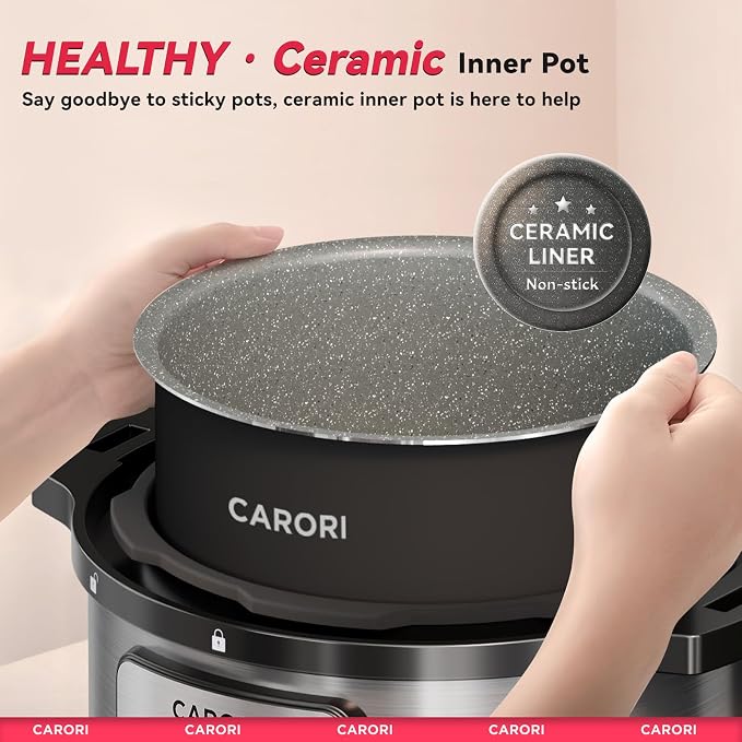 CARORI 1200W 12-in-1 Electric Pressure Cooker 8Qt, Stainless Steel Pressure Cooker, Slow Cook Rice Cooker Steamer Sauté, Yogurt Maker, Warmer & Sterilizer with Recipe, Safer Venting Design, Sliver