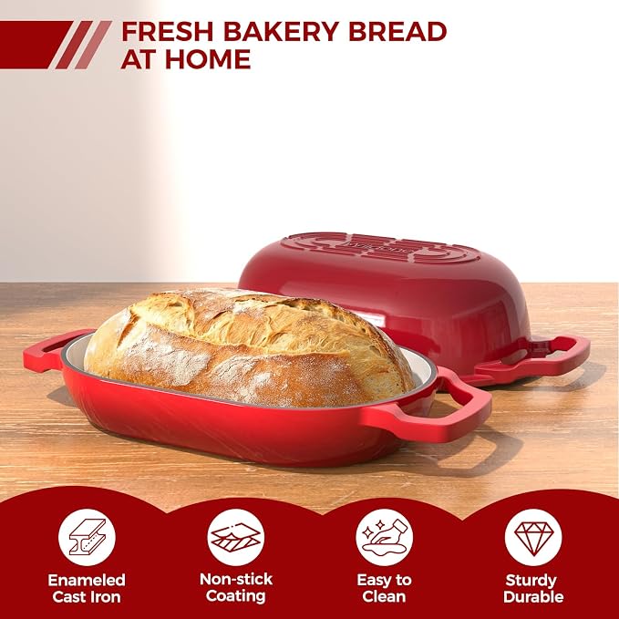Wildone Enameled Cast Iron Dutch Oven Pot with Lid, Oval Bread Oven | Loaf Cast Iron Bread Pan for Homemade Bread Baking, Meatloaf Pan with Lid, 5.5QT, Red
