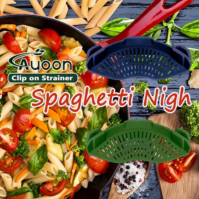 AUOON Clip On Pot Strainer Silicone, Standard 8.86 x 3.55in, Navy | BPA-free, Fits All Pots Pans Bowls, Dishwasher Safe, for Pasta Noodles Vegetable Fruits, Space-saving Kitchen Gadget